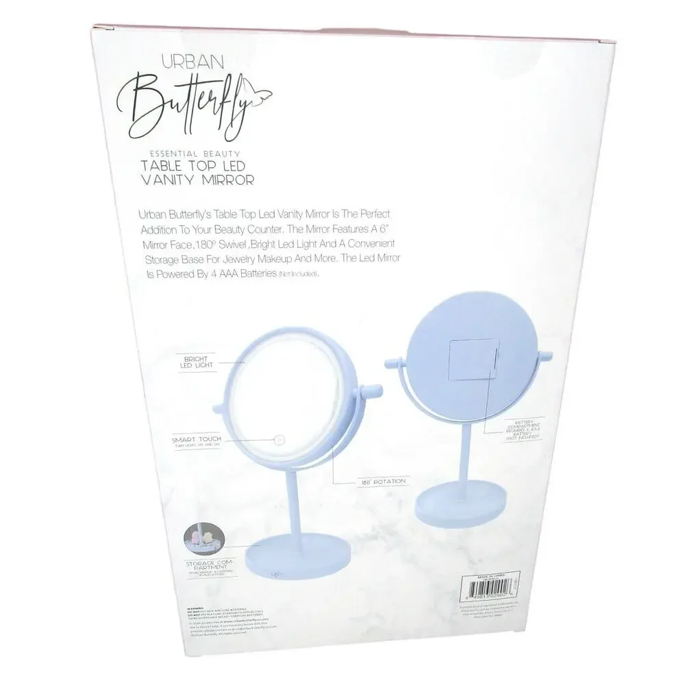 Urban Butterfly LED Vanity Mirror Round 6-inch Face with Storage Cloud Blue